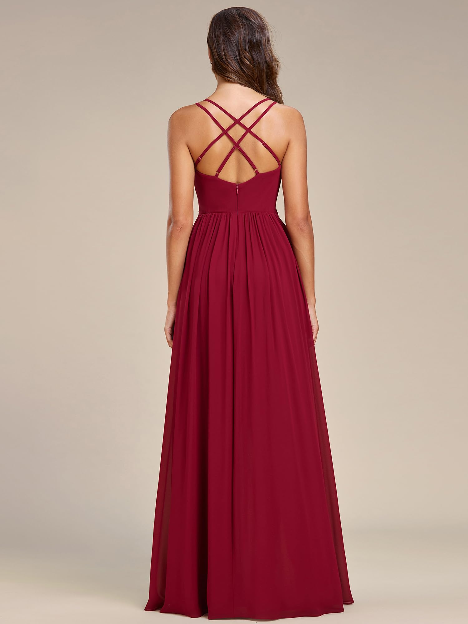 Burgundy Women's V Neck Adjustable Spaghetti Straps Open Back A Line Floor-Length Prom Dress